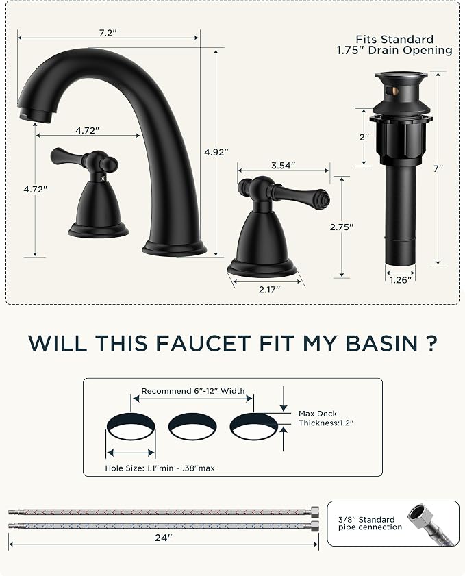 FORIOUS Black Bathroom Sink Faucet 8 Inch, Widespread Bathroom Faucet 3 Hole - Image 2