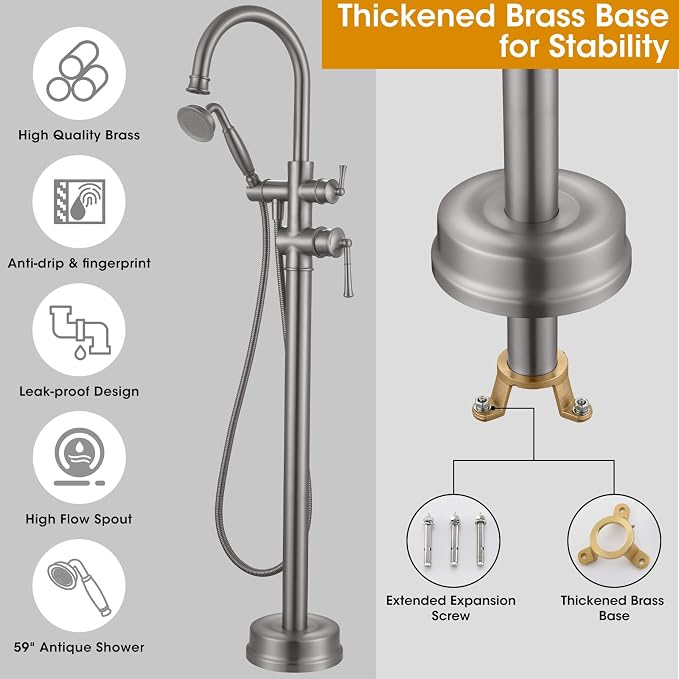 Freestanding Bathtub Faucet, Floor Mount Tub Faucet Brushed Nickel High Flow - Image 3