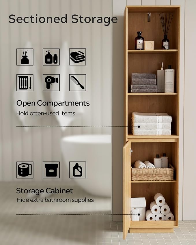 Tall Bathroom Storage Cabinet, Mid Century Modern Freestanding Cabinets - Image 3