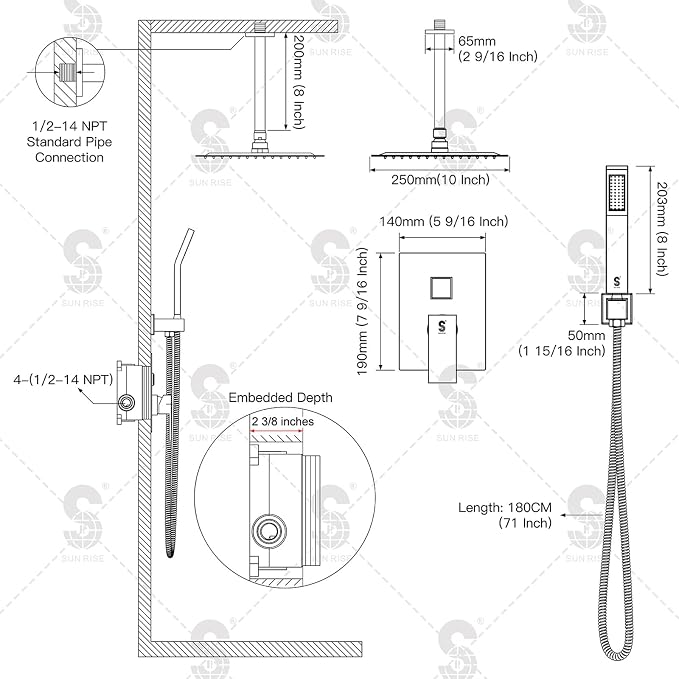 SR SUN RISE Brass 10 Inches Ceiling Mounted Shower System Brushed Nickel - Image 7