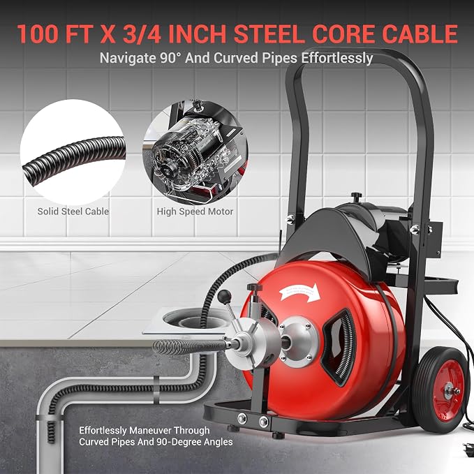 Electric Drain Cleaning Machine 100Ft 3/4 Inch, 750W Auto Feed Portable Sewer - Image 4