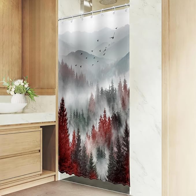 Riyidecor Stall Half Small Rv Shower Curtain 36Wx72H Inch Red Black Mountain - Image 3