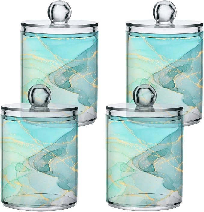 MNSRUU 2 Pack Qtip Holder Organizer Dispenser Modern Art Marble Teal Bathroom - Image 2