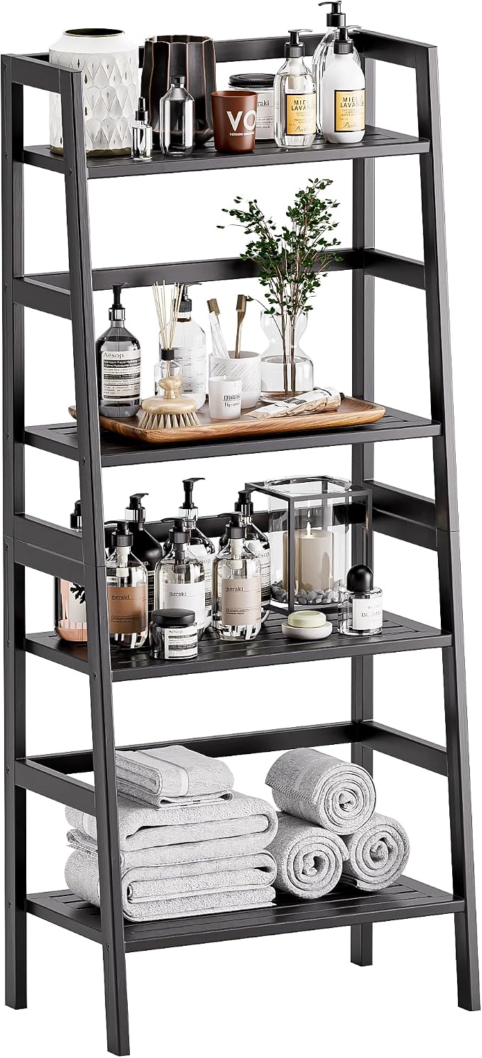 HITNET Black Bookshelf, 4-Tier Ladder Shelf, Freestanding Leaning Bookcase by HITNET