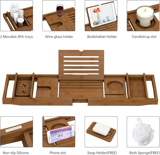 Bamboo Bathtub Tray for Luxury Bathroom, Expandable Premium Bath Tray - Image 3