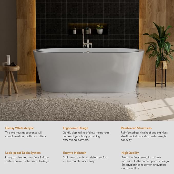 Empava 59"Freestanding Bathtub, Luxury Acrylic Soaking Tub - Image 6