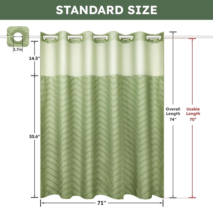 No Hook Shower Curtain and Snap in Liner Set Sage Green Tufted Chevron Striped - Image 5