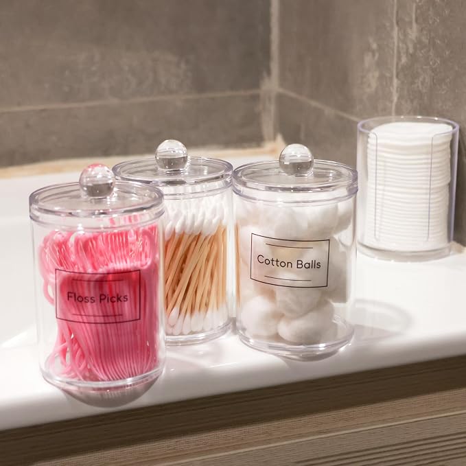 4 Pack Acrylic Qtip Holder Dispenser, Bathroom Canisters Apothecary Jar Set - Image 4