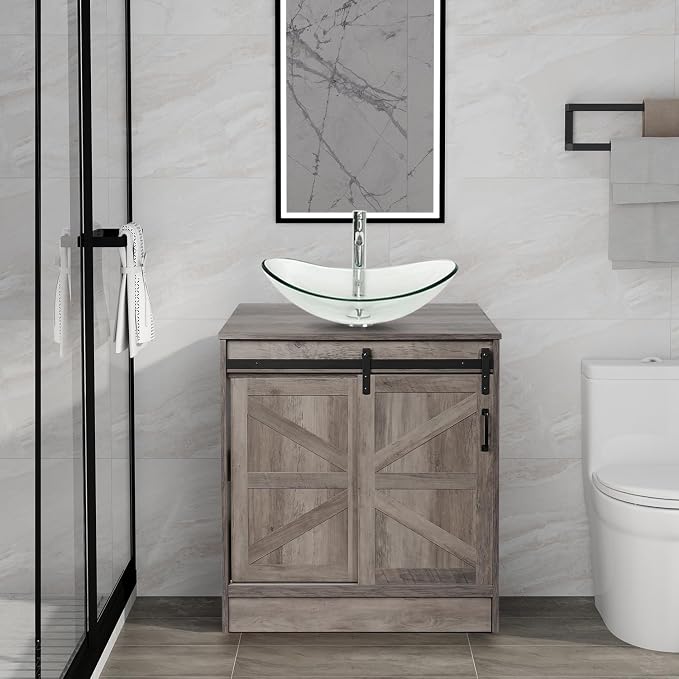 30" Barn Door Bathroom Vanity, Farmhouse Style Standing Pedestal Cabinet by Solidee