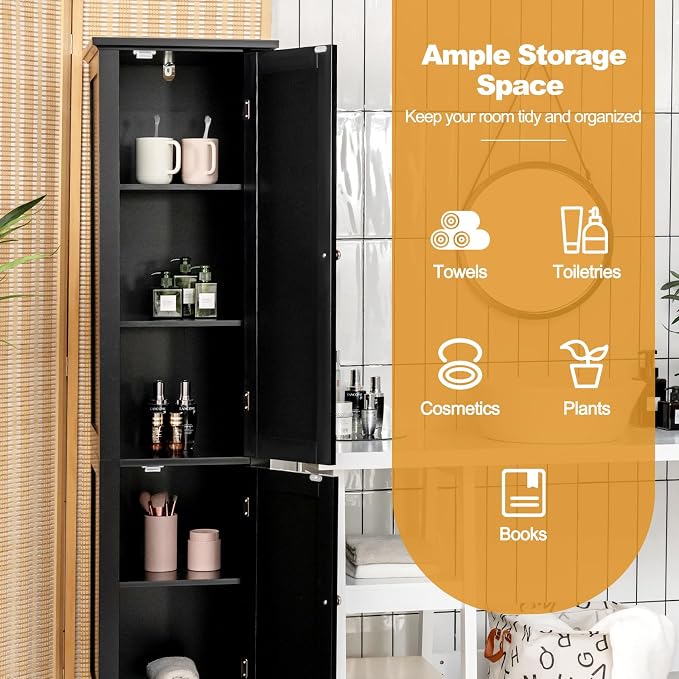 COSTWAY Tall Bathroom Storage Cabinet, 5-Tier Freestanding Linen Tower Cabinet - Image 5
