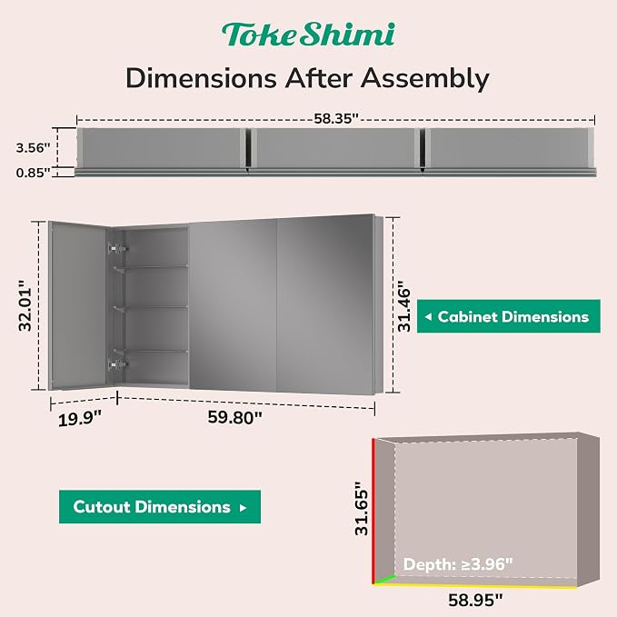 TokeShimi 60 x 32 Farmhouse Medicine Cabinet Recessed or Surface Mount Aluminum - Image 2