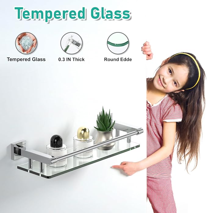Glass Shelves for Wall, Chrome Stainless Steel & Tempered Glass Glass Shelf for - Image 3