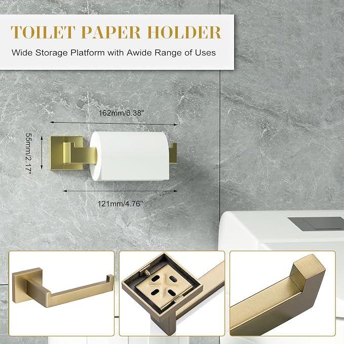 Bathroom Accessory Towel Bar Set: 5 Pieces Gold Bathroom Hardware Square SUS304 - Image 4