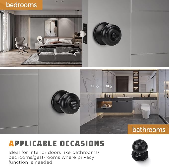 KNOBWELL 3 Pack Keyless Privacy Door Knobs, Matte Black Door Knobs Interior - Image 3