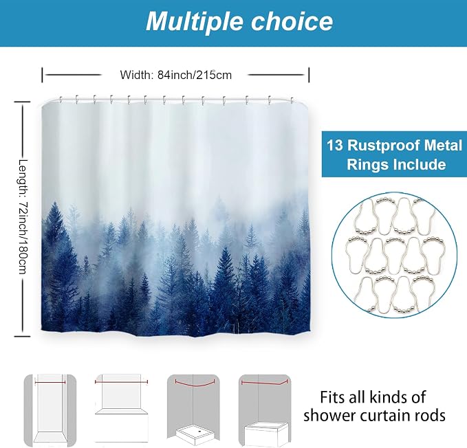 ORTIGIA 84 Inch Extra Wide Blue Misty Forest Shower Curtain - Image 2