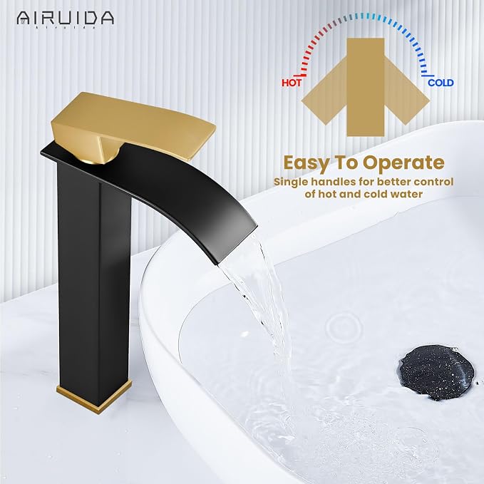 Airuida Waterfall Bathroom Tall Vessel Faucet Matte Black&Brushed Gold Vanity - Image 5