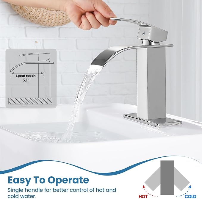 Airuida Chrome Polish Waterfall Spout Bathroom Faucet Single Handle Single Hole - Image 2