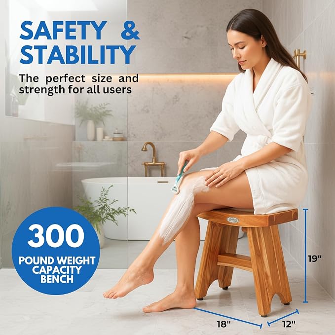 EcoDecors Teak Shower Bench 18", 300 lb Capacity – Waterproof Wood Bath Seat - Image 2
