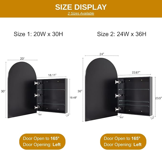 TEHOME 24 x 36'' Brushed Nickel Arch Bathroom Medicine Cabinet - Image 2