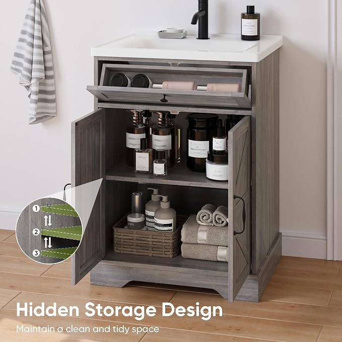 23.62" Bathroom Vanity with Ceramic Sink, Farmhouse Bathroom Vanity Cabinet - Image 5