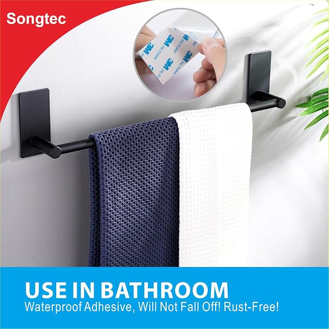 Songtec Adhesive Towel Bar Black 16-Inch, Stick On Bath Towel Rack No Drill - Image 3