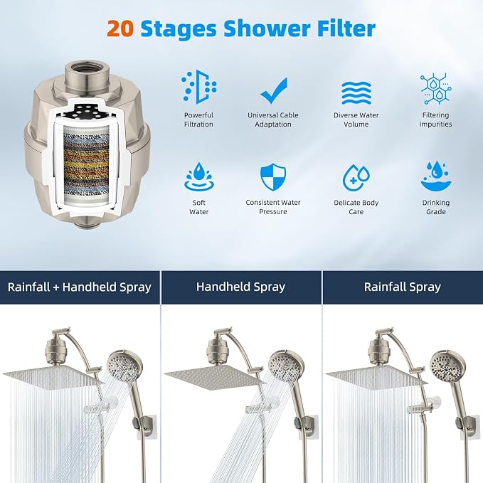 Hibbent All Metal 12'' Filtered Rainfall Shower Head Combo, High Pressure - Image 7