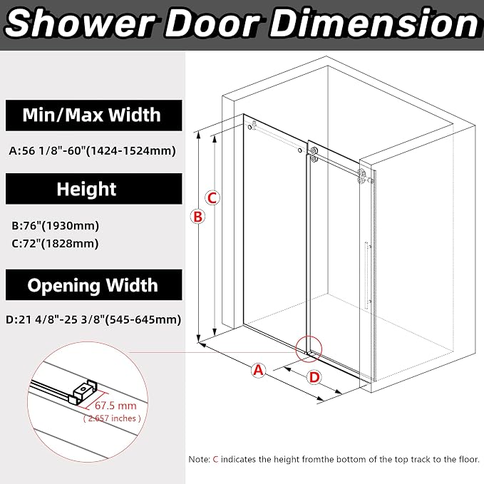 Sunrosa 60" W x 76" H Frameless Shower Door, Sliding Shower Door - Image 6