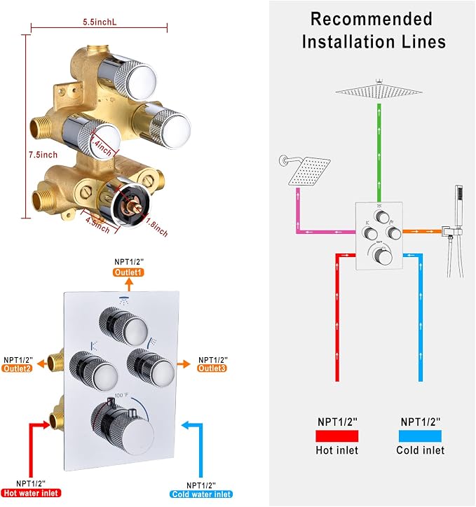 Push Button 3 Way Thermostatic Shower Diverter Valve, Concealed 3 Outlet Multi - Image 6