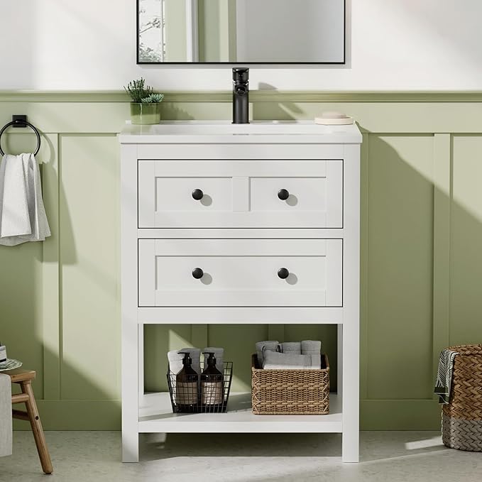 24 Inch Bathroom Vanity with Sink, Farmhouse Storage Cabinet with Drawers & by DELUXELIVING