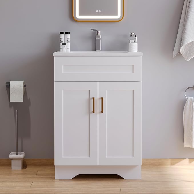 Bathroom 24" Vanity with Ceramic Sink, Wooden Double Door Bathroom Storage - Image 3