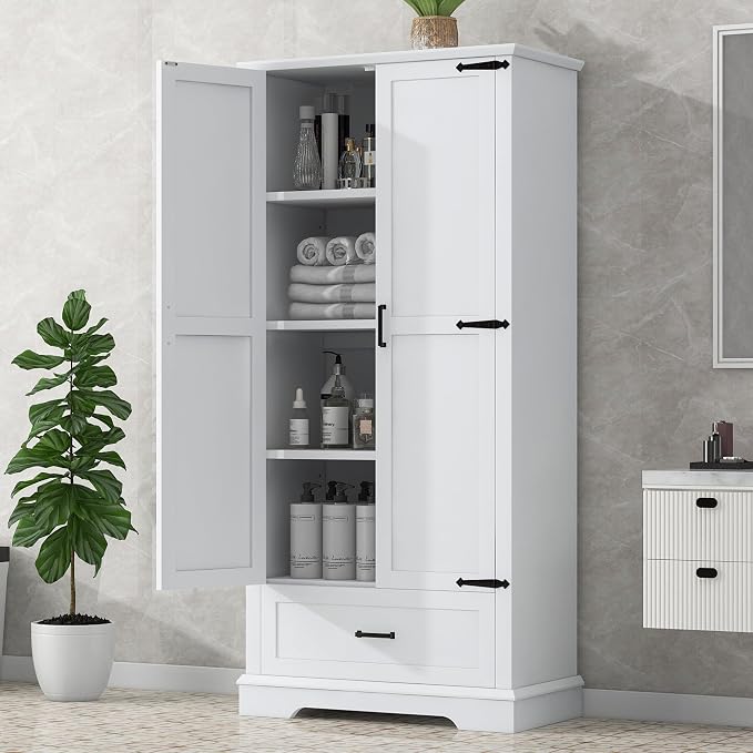 Tall Storage Cabinet with 2 Doors, 1 Drawer and Adjustable Shelf, Wood Floor by Virubi