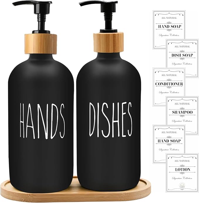 16 OZ Thick Black Glass Soap Dispenser, Bamboo Pump - Image 7