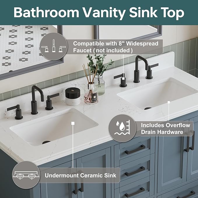 60 Inch Bathroom Vanity Double Sink, Fully Assembled Solid Wood Frame Double - Image 4