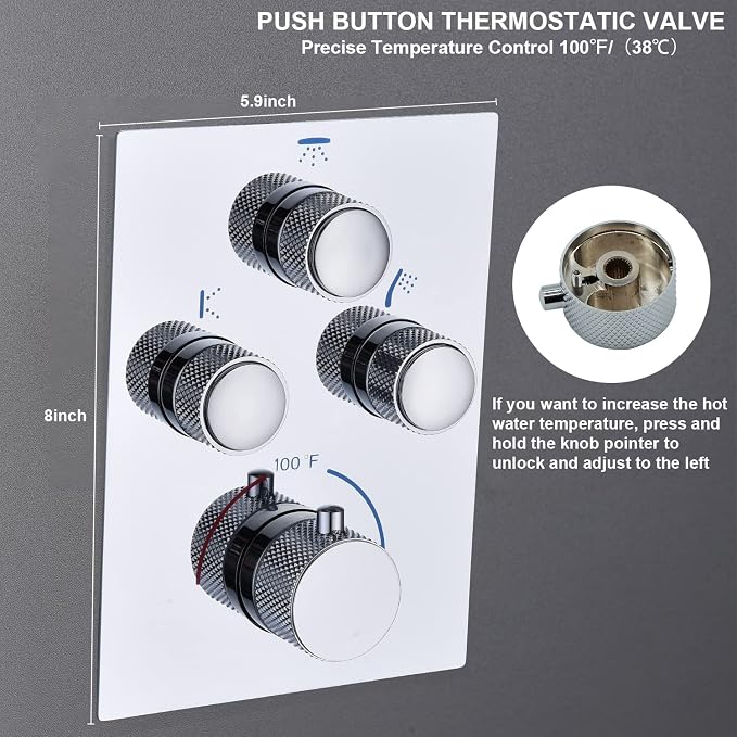 Push Button 3 Way Thermostatic Shower Diverter Valve, Concealed 3 Outlet Multi - Image 3
