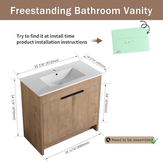 36 Inch Bathroom Vanity with Sink Combo, Freestanding Single Sink Vanity with - Image 2