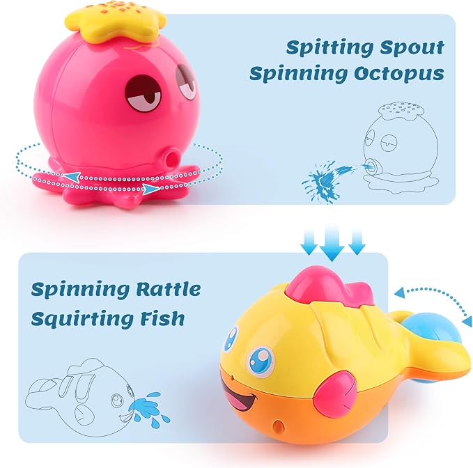 iPlay, iLearn Baby Bath Toys w/ Organizer, Water Squirting Octopus, Wind Up - Image 2