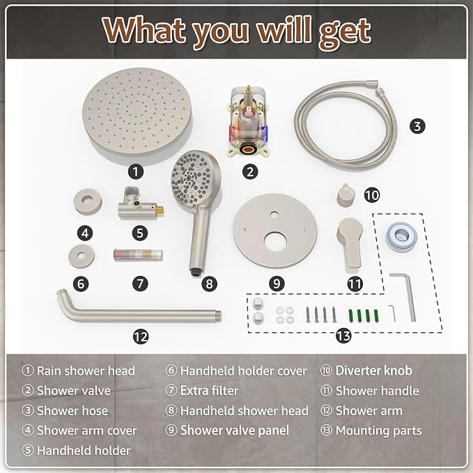 Iriber Brushed Nickel Round Rain Shower System Faucet Set，Bathroom Filtered - Image 9