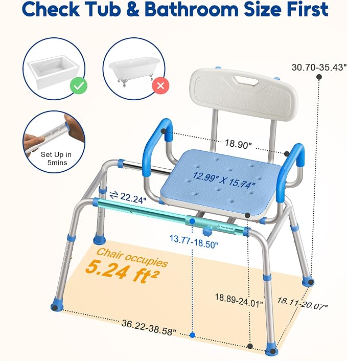 Sliding Shower Chair with Extra-Wide 360° Swivel Seat, 330lbs Tub Transfer Bench - Image 2