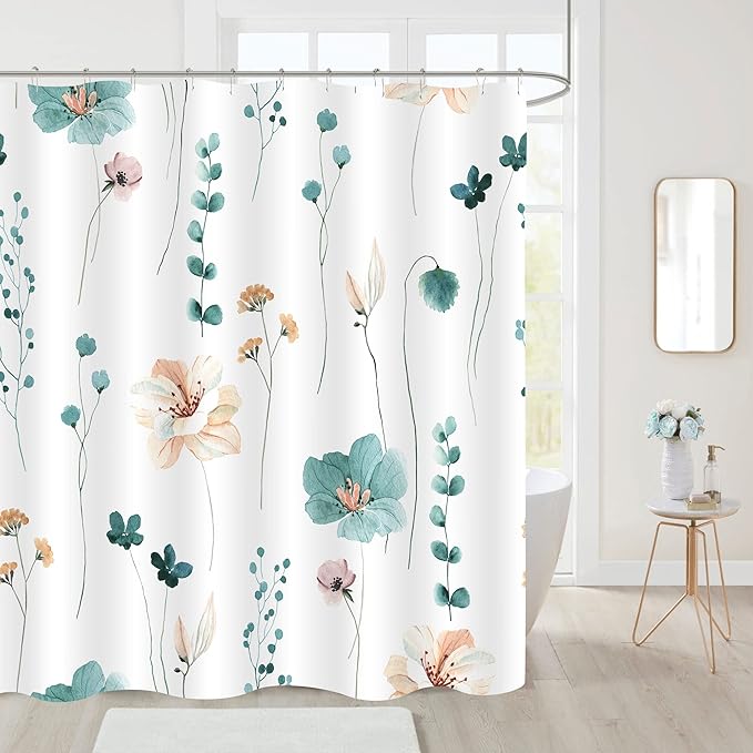 Gibelle Watercolor Floral Shower Curtain, Teal Beige Flower Shower Curtain - Image 2