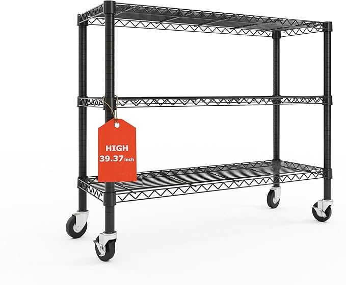 3-Tier Wire Shelving Unit with Wheels, 36.9" W x 18.6" D Heavy Duty Metal by Unknown