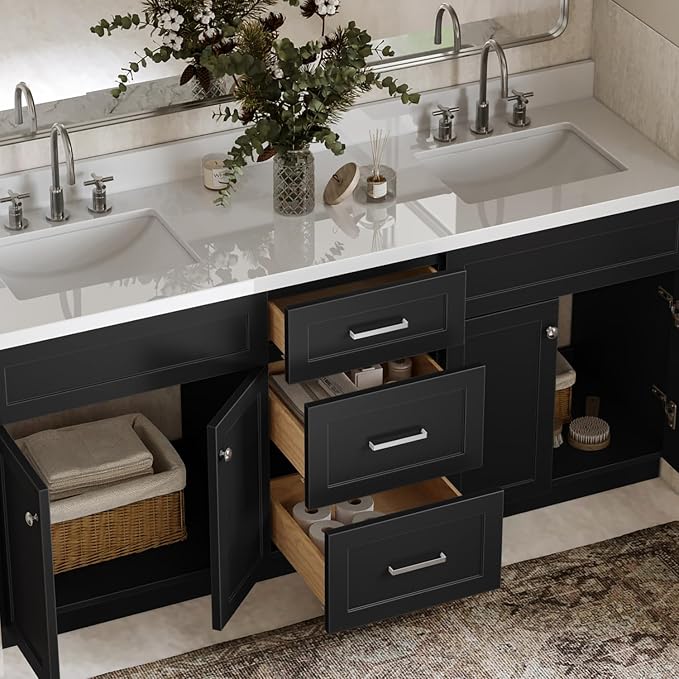 ARIEL 73" Black Double Bathroom Vanity, 1.5" Inch Thick Edge Pure White Quartz - Image 3