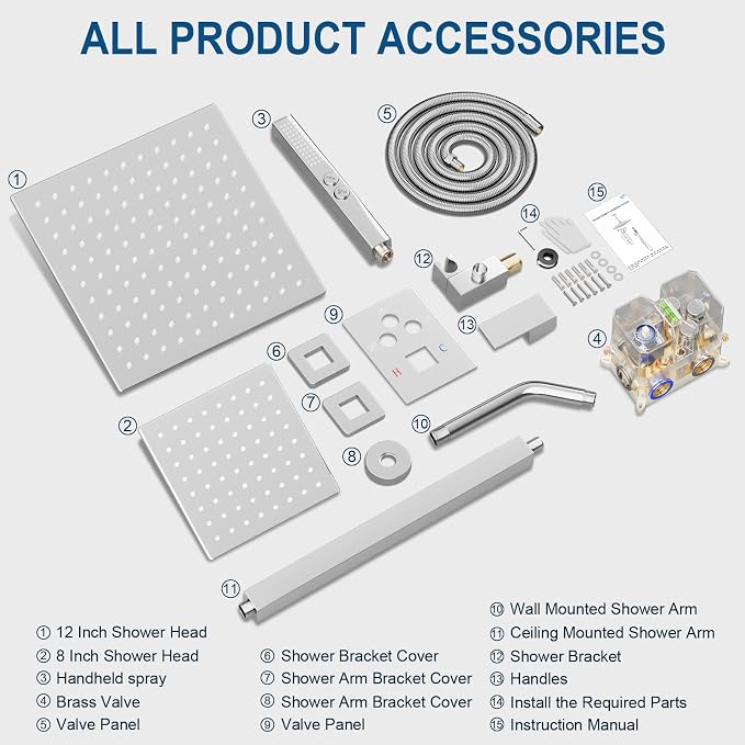 Shower Faucet Set Polished Chrome Shower System, Ceiling Mount 12 Inch Shower - Image 8