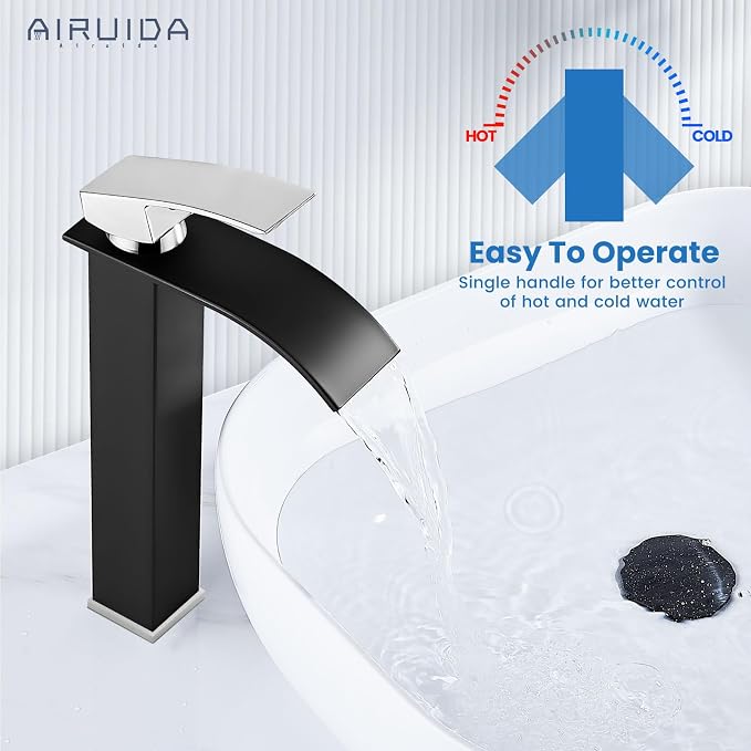 Airuida Tall Waterfall Spout Bathroom Faucet Matte Black&Chrome Polish Single - Image 5