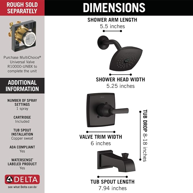 Delta Ashlyn 14 Series Bathtub and Shower Faucet Set, Matte Black Shower Head - Image 3