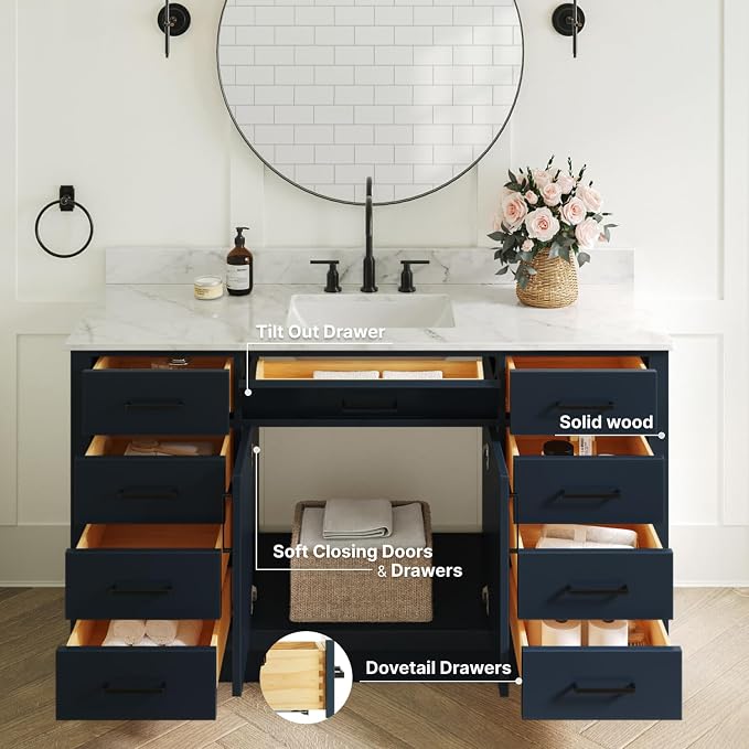 ARIEL Bathroom Vanity 61" Midnight Blue, Italian Carrara Marble Countertop & - Image 7