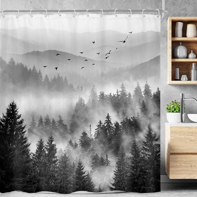 Riyidecor Mountain Shower Curtain 60Wx72H Inch Black Pine Tree Nature Scenery by Riyidecor