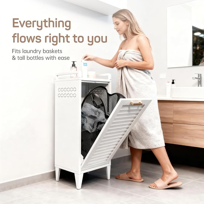Metal Tilt-Out Laundry Hamper Cabinet, 50L Large-Capacity Hidden Hamper - Image 3