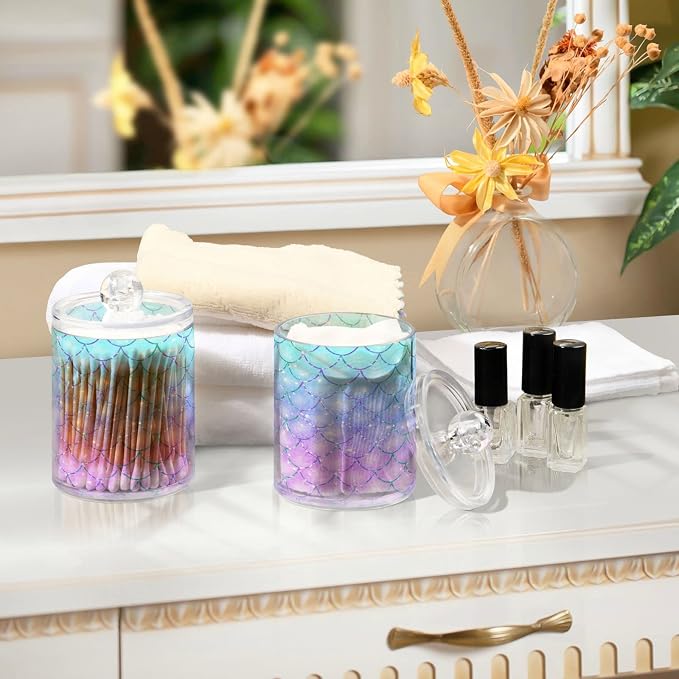 MNSRUU 4 Pack Qtip Holder Organizer Dispenser Pink Blue Mermaid Scales Bathroom - Image 7