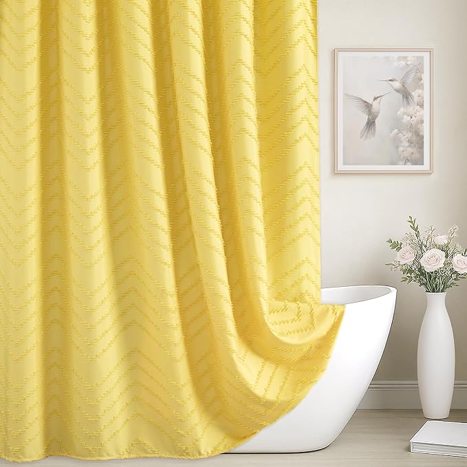 Yellow Shower Curtain Boho Farmhouse Shower Curtain 72 x 72 Tufted Chevron by TURKIO