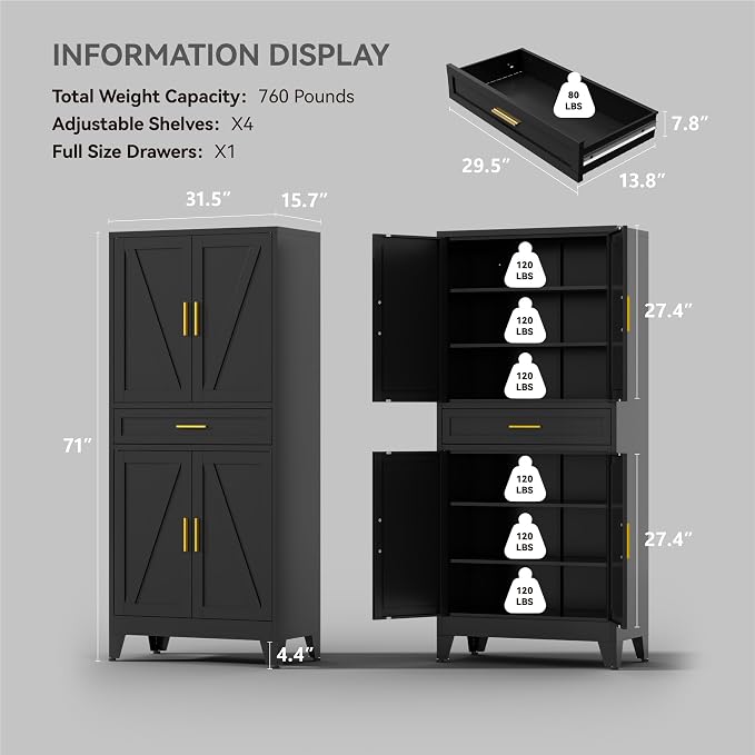 71" Tall Farmhouse Pantry Cabinet, Metal Cabinets - Image 3
